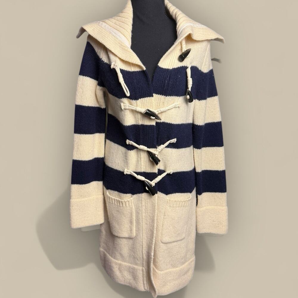 Gap Cardigan Sweater Womens Small Cream Navy Striped Lambs Wool Heavy Nautical